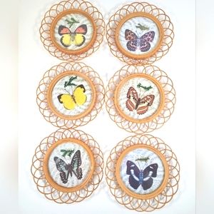 Vintage Pressed Butterfly Drink Coasters 4.5" Six Piece Rattan Floral Loop Edge